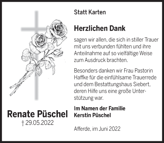 Traueranzeige von Renate Püschel von Deister- und Weserzeitung