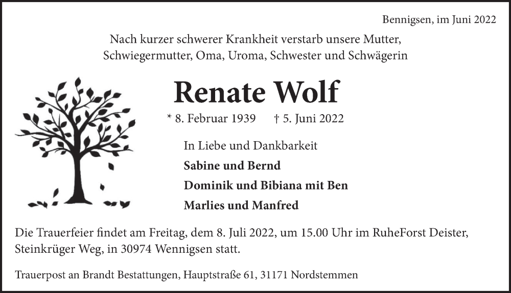  Traueranzeige für Renate Wolf vom 18.06.2022 aus Neue Deister-Zeitung