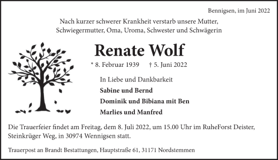 Traueranzeige von Renate Wolf von Neue Deister-Zeitung