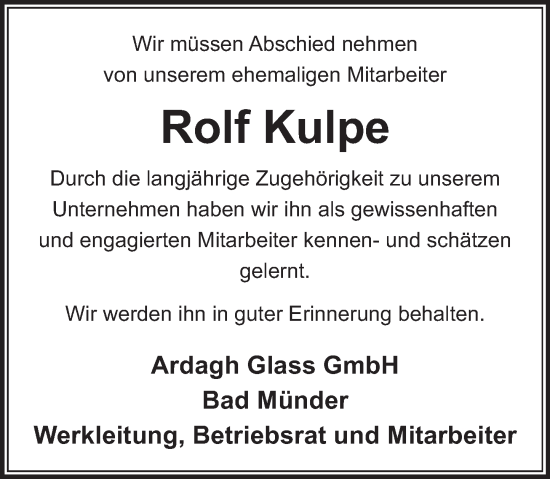 Traueranzeige von Rolf Kulpe von Neue Deister-Zeitung