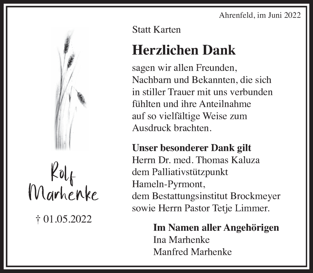  Traueranzeige für Rolf Marhenke vom 04.06.2022 aus Deister- und Weserzeitung