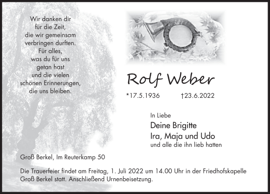 Traueranzeige von Rolf Weber von Deister- und Weserzeitung