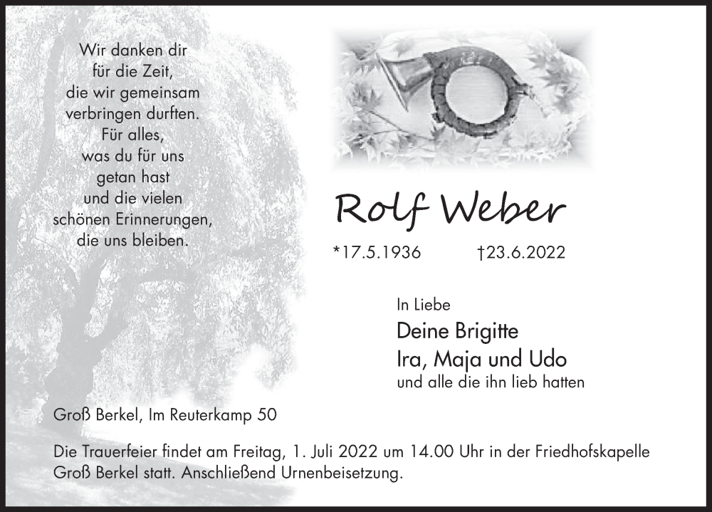  Traueranzeige für Rolf Weber vom 28.06.2022 aus Deister- und Weserzeitung