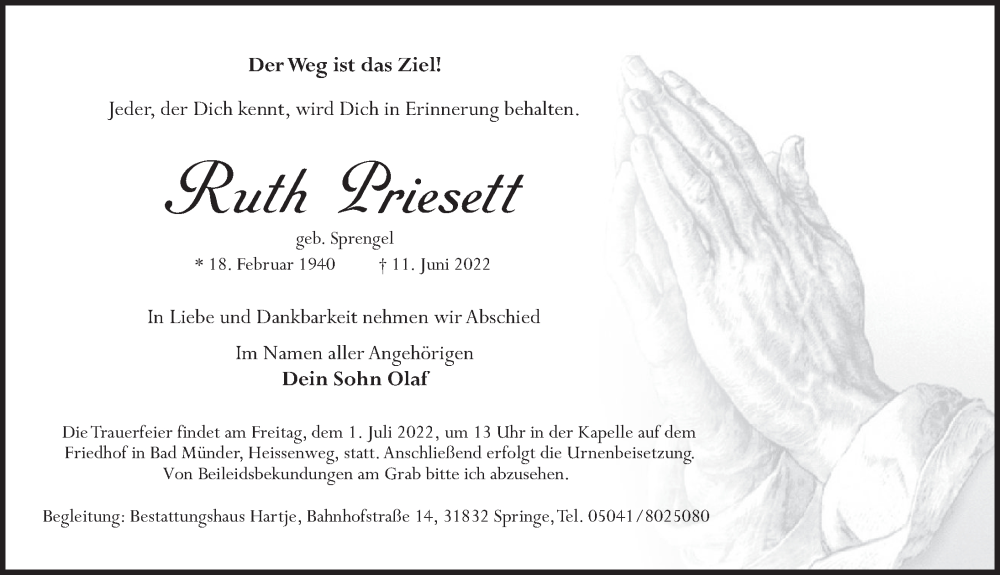  Traueranzeige für Ruth Priesett vom 18.06.2022 aus Neue Deister-Zeitung