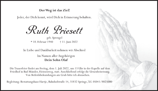 Traueranzeige von Ruth Priesett von Neue Deister-Zeitung