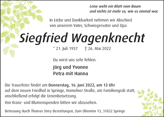 Traueranzeige von Siegfried Wagenknecht von Neue Deister-Zeitung
