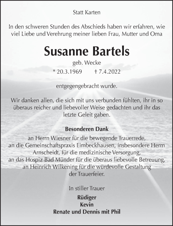 Traueranzeige von Susanne Bartels von Neue Deister-Zeitung