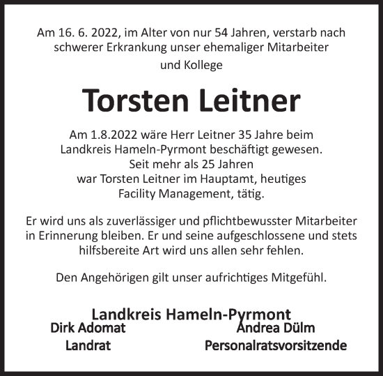 Traueranzeige von Torsten Leitner von Deister- und Weserzeitung