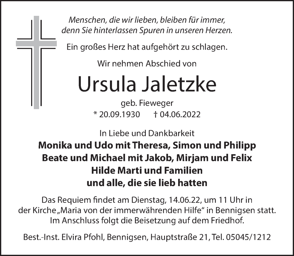  Traueranzeige für Ursula Jaletzke vom 11.06.2022 aus Neue Deister-Zeitung