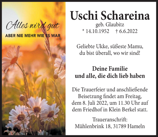 Traueranzeige von Uschi Schareina von Deister- und Weserzeitung