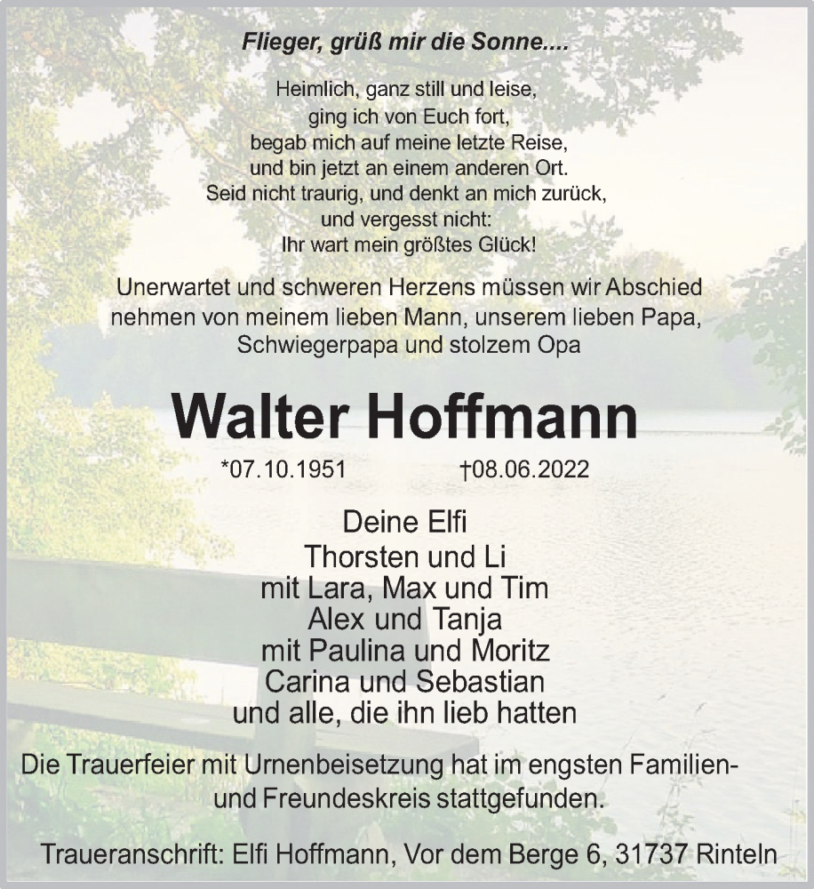  Traueranzeige für Walter Hoffmann vom 25.06.2022 aus Deister- und Weserzeitung