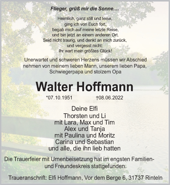Traueranzeige von Walter Hoffmann von Deister- und Weserzeitung