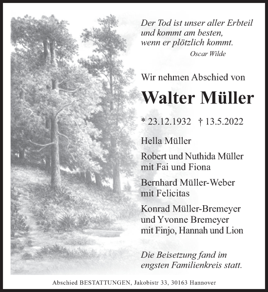Traueranzeige von Walter Müller von Deister- und Weserzeitung