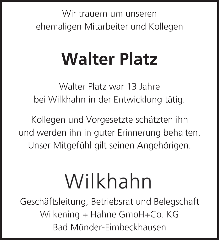  Traueranzeige für Walter Platz vom 07.06.2022 aus Neue Deister-Zeitung