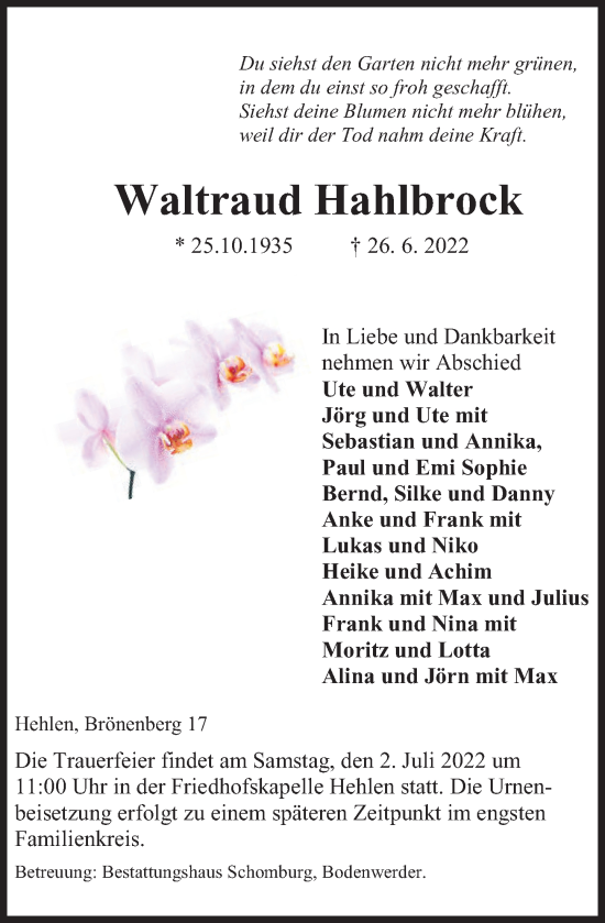 Traueranzeige von Waltraud Hahlbrock von Deister- und Weserzeitung