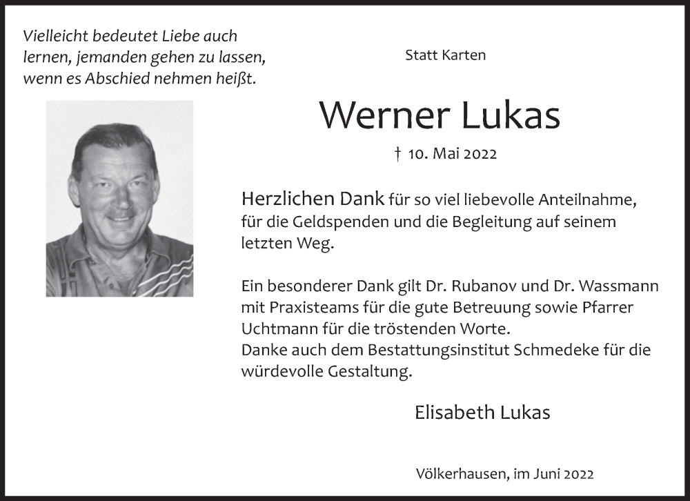  Traueranzeige für Werner Lukas vom 04.06.2022 aus Deister- und Weserzeitung