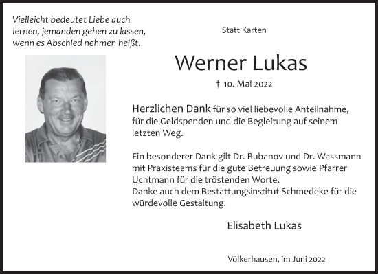Traueranzeige von Werner Lukas von Deister- und Weserzeitung