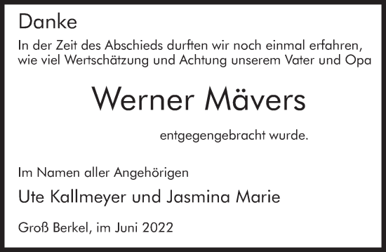 Traueranzeige von Werner Mävers von Deister- und Weserzeitung