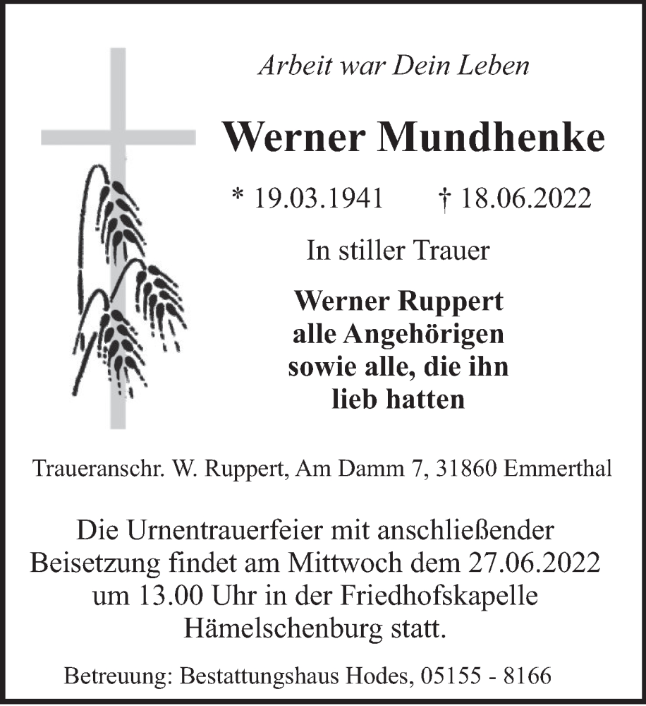  Traueranzeige für Werner Mundhenke vom 25.06.2022 aus Deister- und Weserzeitung