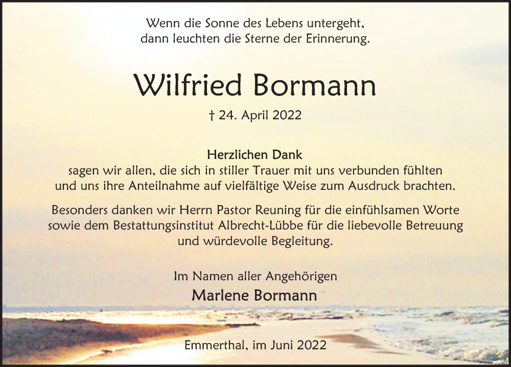  Traueranzeige für Wilfried Bormann vom 04.06.2022 aus Deister- und Weserzeitung