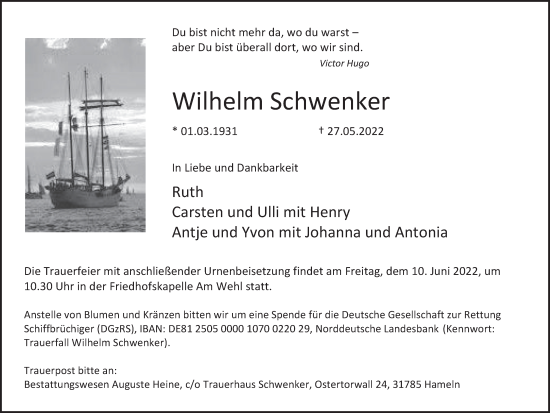 Traueranzeige von Wilhelm Schwenker von Deister- und Weserzeitung