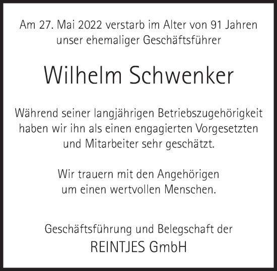 Traueranzeige von Wilhelm Schwenker von Deister- und Weserzeitung