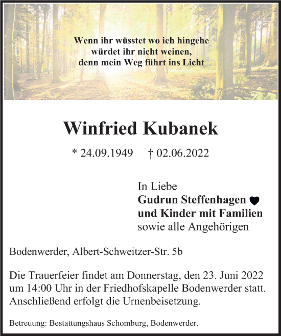 Traueranzeige von Winfried Kubanek von Deister- und Weserzeitung