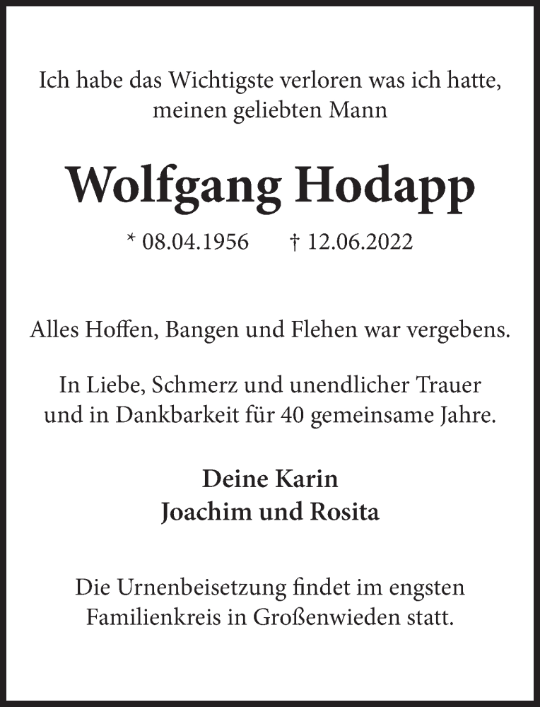  Traueranzeige für Wolfgang Hodapp vom 17.06.2022 aus Deister- und Weserzeitung