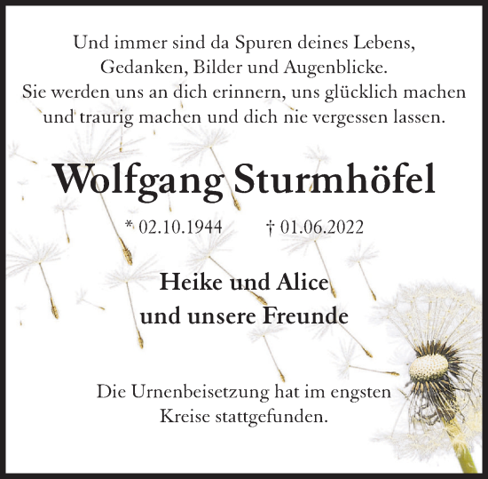 Traueranzeige von Wolfgang Sturmhöfel von Deister- und Weserzeitung