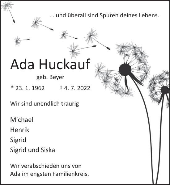 Traueranzeige von Ada Huckauf von Deister- und Weserzeitung