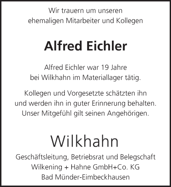 Traueranzeige von Alfred Eichler von Neue Deister-Zeitung
