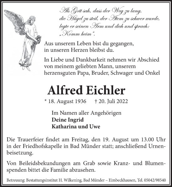 Traueranzeige von Alfred Eichler von Neue Deister-Zeitung