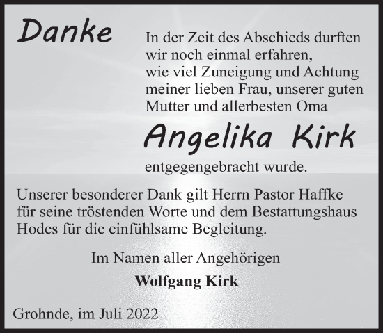 Traueranzeige von Angelika Kirk von Deister- und Weserzeitung