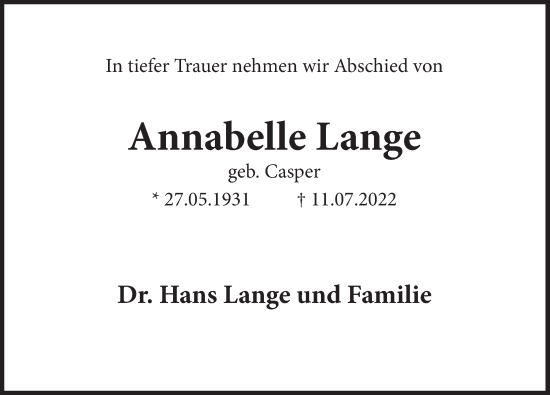 Traueranzeige von Annabelle Lange von Deister- und Weserzeitung