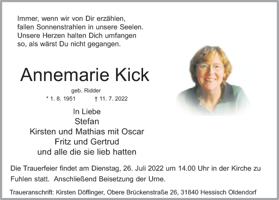 Traueranzeige von Annemarie Kick von Deister- und Weserzeitung