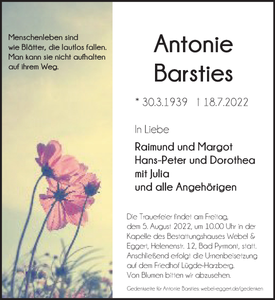 Traueranzeige von Antonie Barsties von Deister- und Weserzeitung