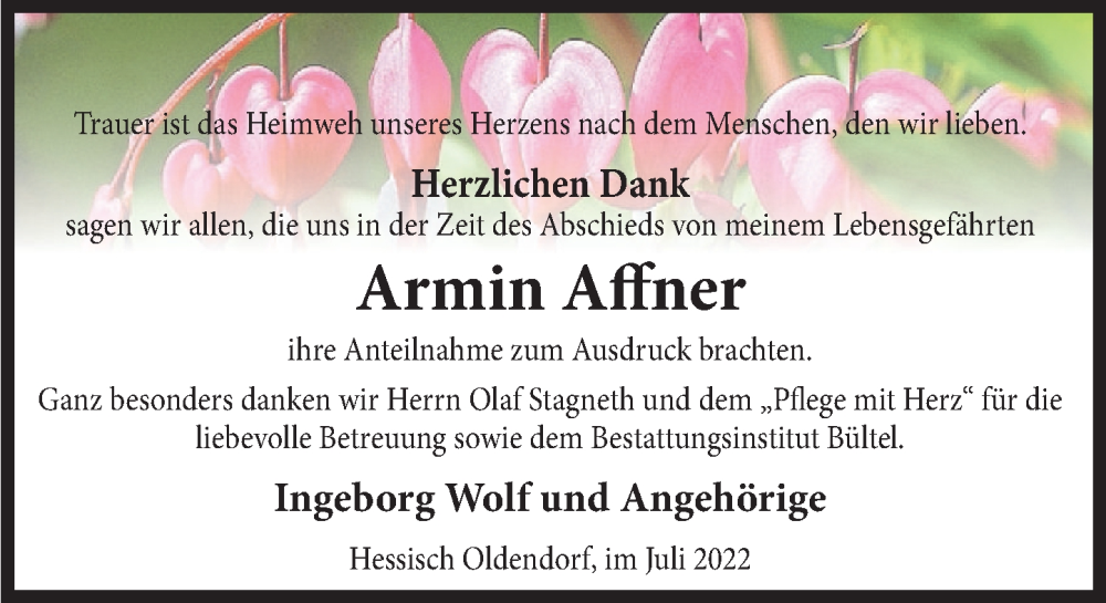  Traueranzeige für Armin Affner vom 16.07.2022 aus Deister- und Weserzeitung