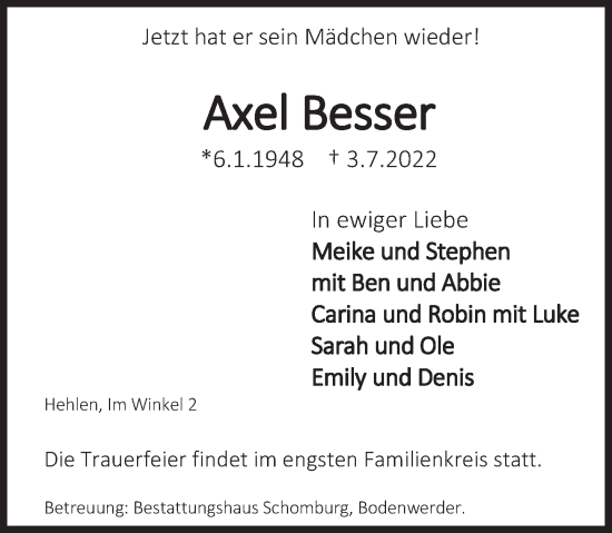 Traueranzeige von Axel Besser von Deister- und Weserzeitung