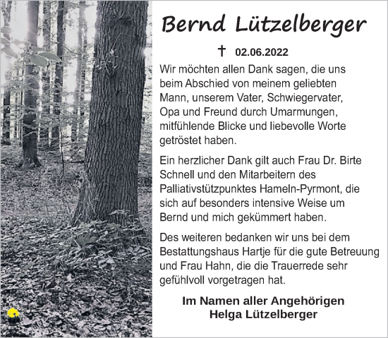 Traueranzeige von Bernd Lützelberger von Neue Deister-Zeitung