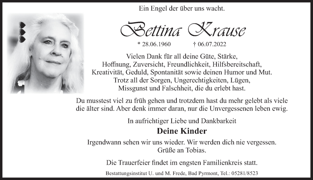  Traueranzeige für Bettina Krause vom 30.07.2022 aus Deister- und Weserzeitung