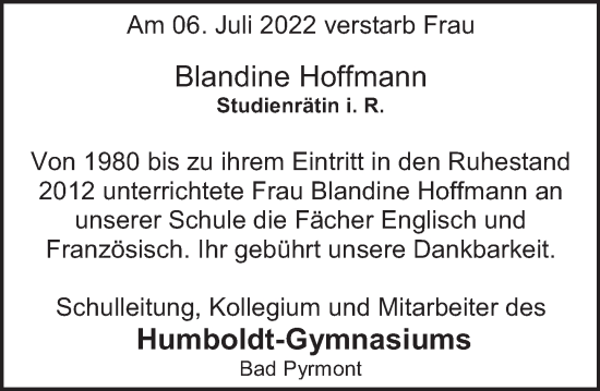 Traueranzeige von Blandine Hoffmann von Deister- und Weserzeitung