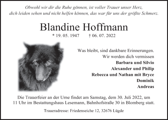 Traueranzeige von Blandine Hoffmann von Deister- und Weserzeitung