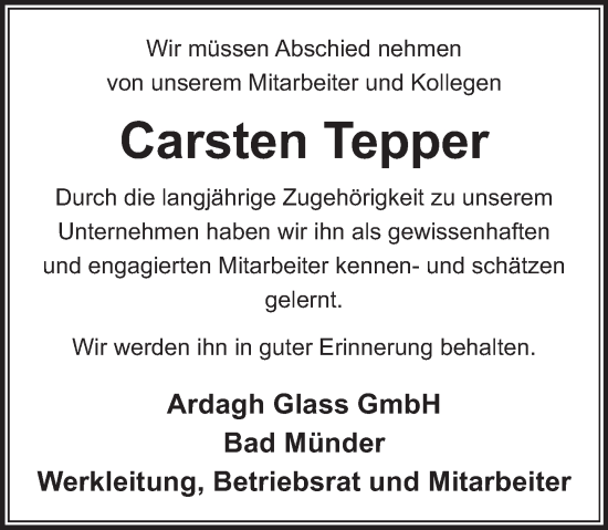 Traueranzeige von Carsten Tepper von Neue Deister-Zeitung