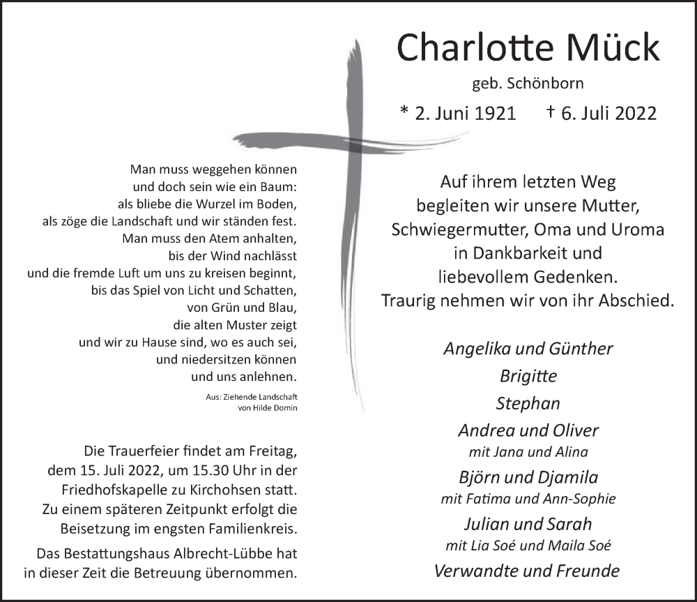  Traueranzeige für Charlotte Mück vom 12.07.2022 aus Deister- und Weserzeitung