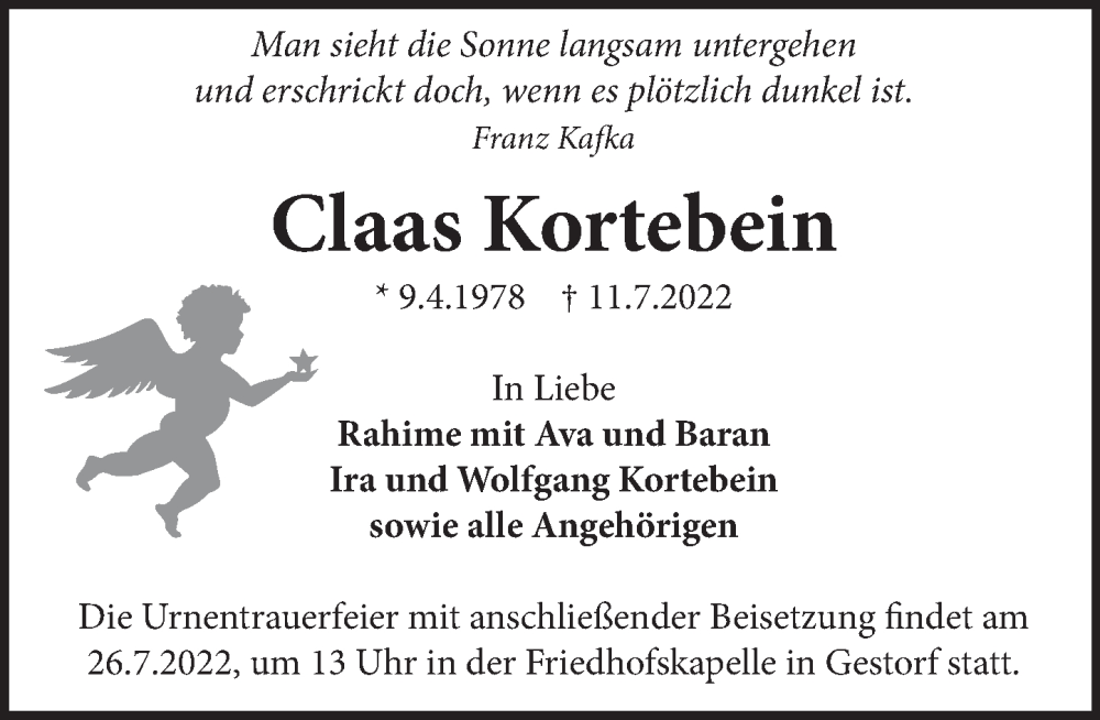  Traueranzeige für Claas Kortebein vom 23.07.2022 aus Neue Deister-Zeitung