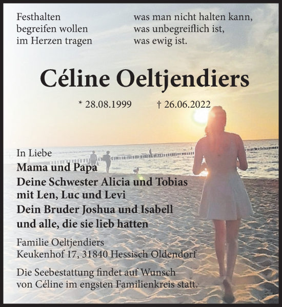 Traueranzeige von Céline Oeltjendiers von Deister- und Weserzeitung