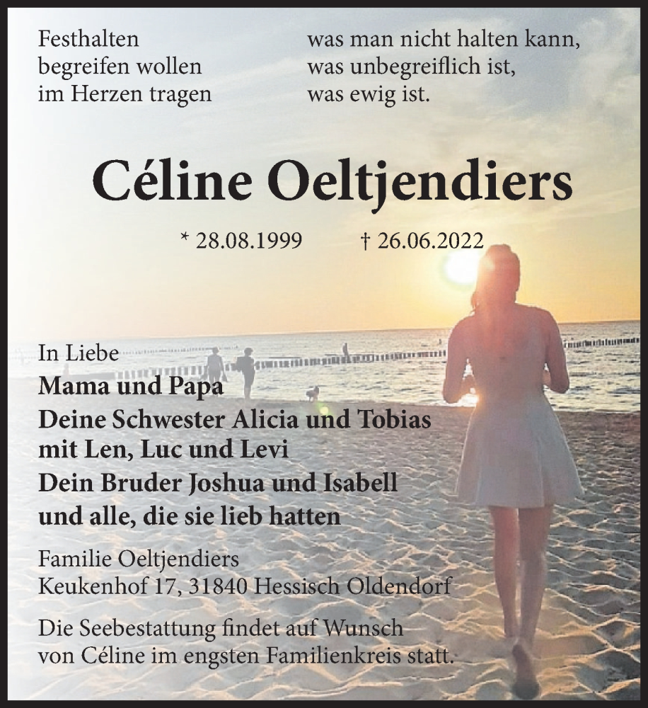  Traueranzeige für Céline Oeltjendiers vom 08.07.2022 aus Deister- und Weserzeitung