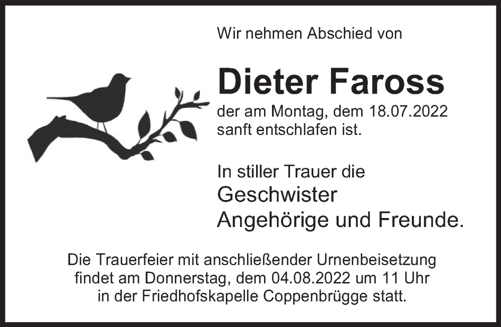  Traueranzeige für Dieter Faross vom 30.07.2022 aus Deister- und Weserzeitung