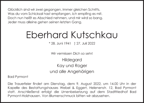 Traueranzeige von Eberhard Kutschkau von Deister- und Weserzeitung