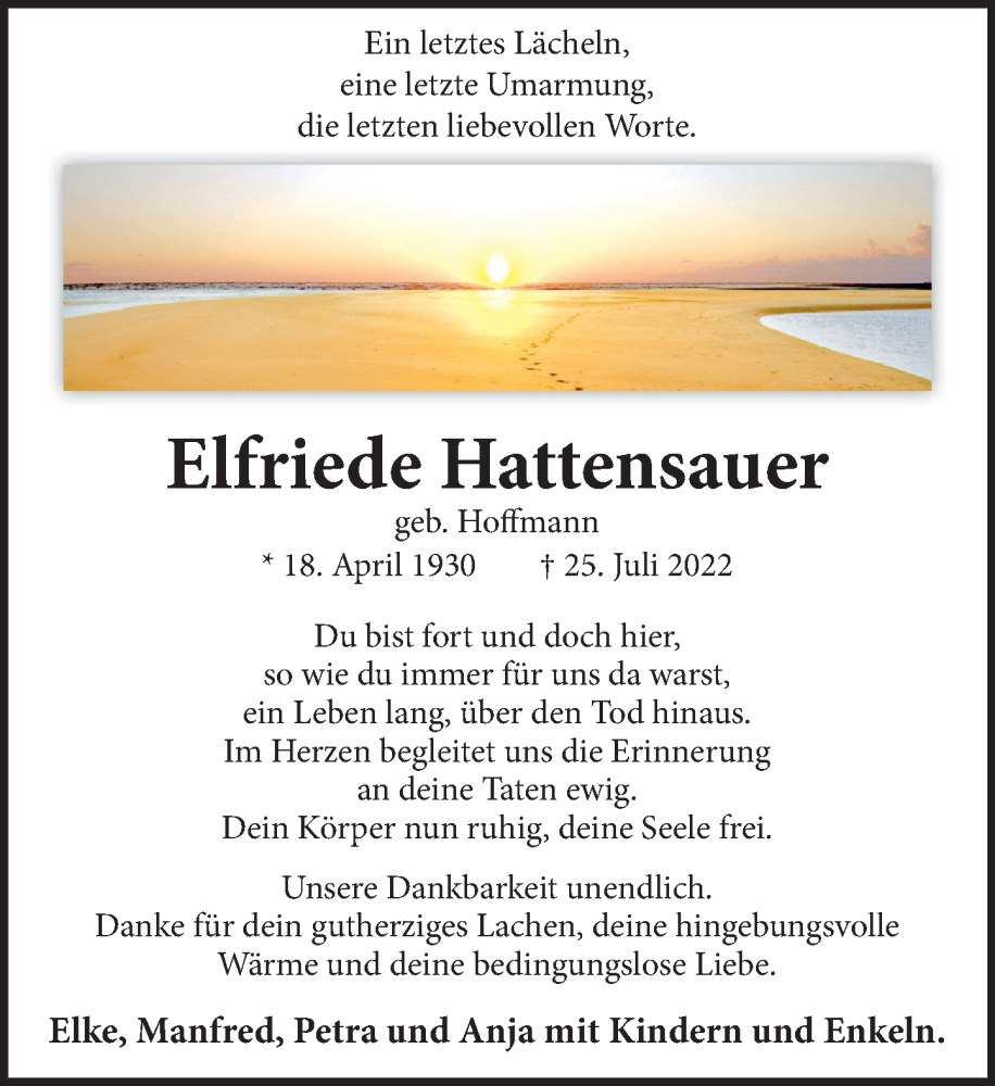  Traueranzeige für Elfriede Hattensauer vom 30.07.2022 aus Neue Deister-Zeitung